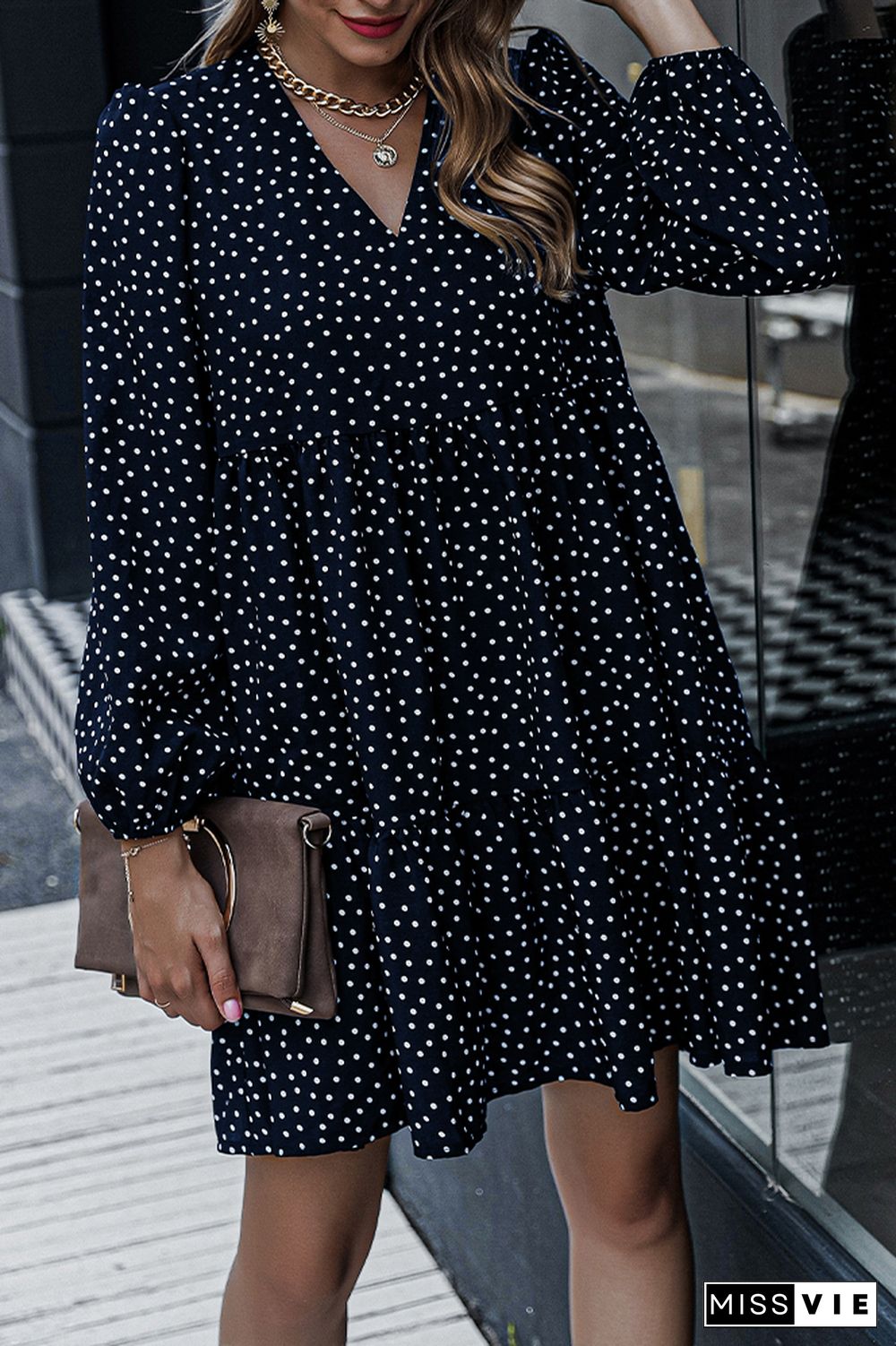 V Neck Spot Print Tiered Mini Dress