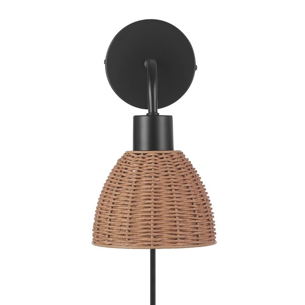 Briar 1 light Matte Black Plug in Or Hardwire Wall Sconce With Rattan Shade Globe Electric