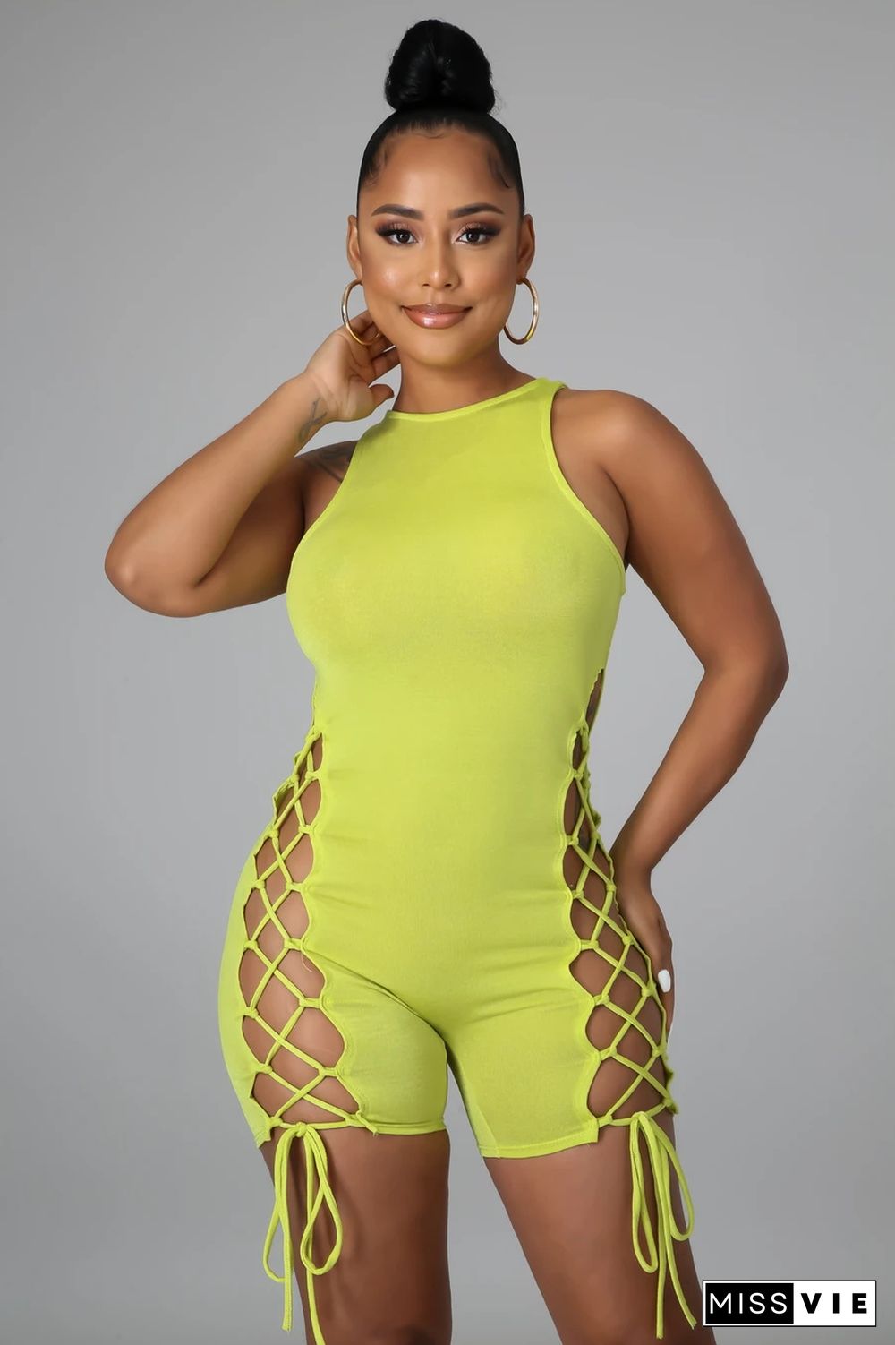 Sleeveless O Neck Hollow Out Bandage Bodycon Romper