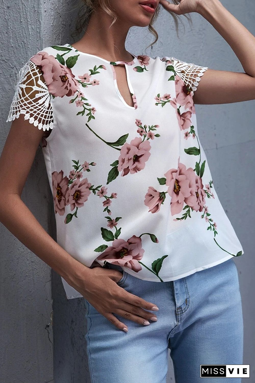 Lace Short-sleeved Floral Printe Top Wholesale