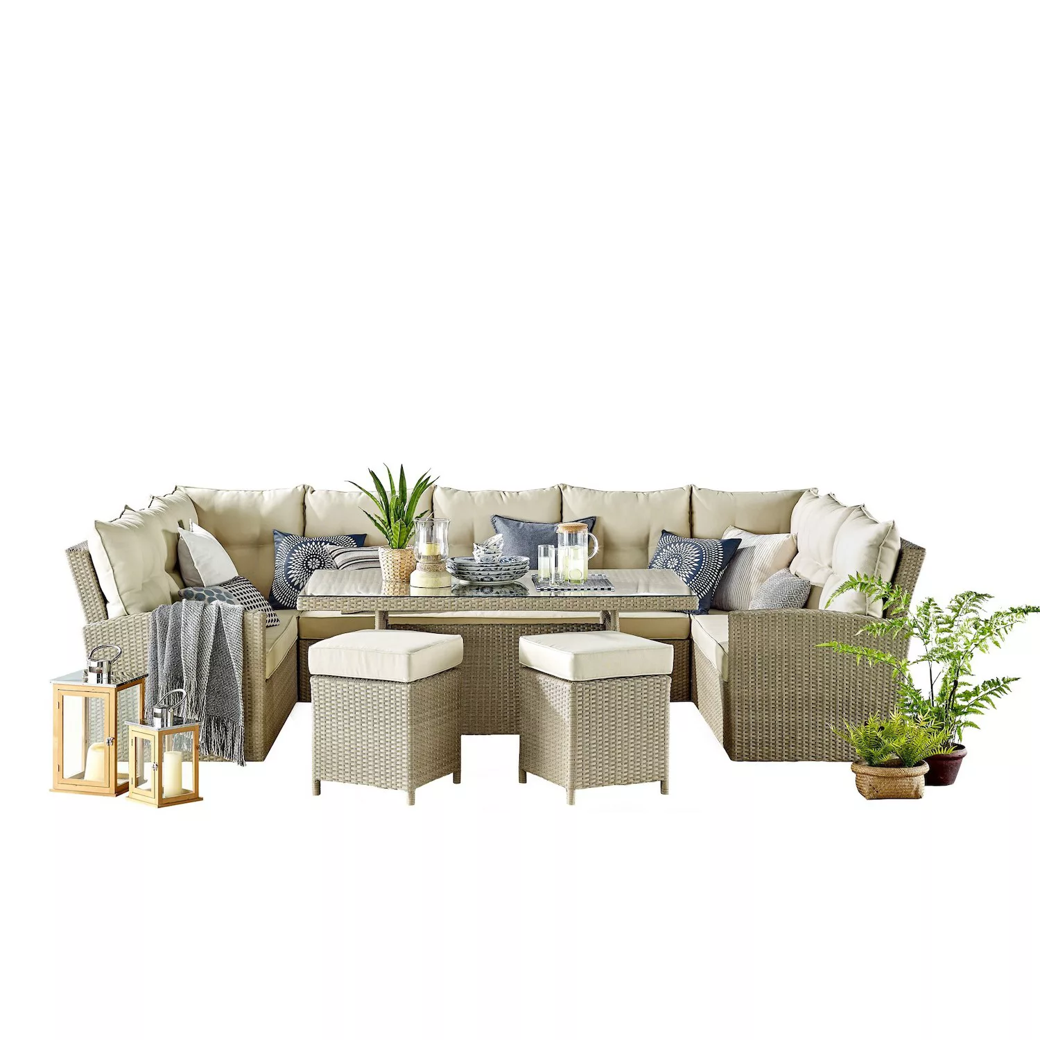 Alaterre Furniture Canaan Wicker Outdoor Horseshoe Sectional Couch， Stool and Coffee Table 4-piece Set