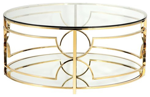 Pangea Home Edward Metal Round Coffee Table with Glass in Polished Gold   Contemporary   Coffee Tables   by Homesquare  Houzz