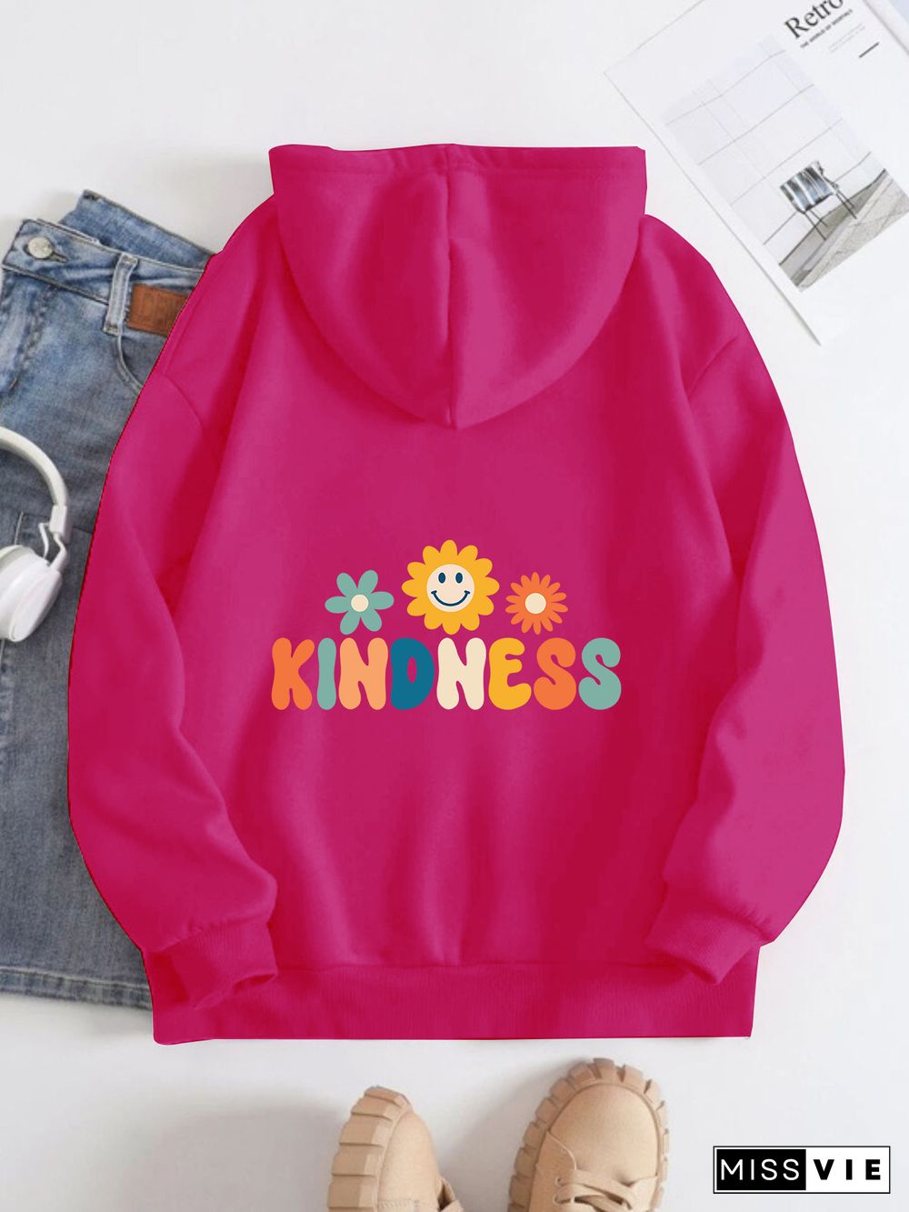 Printed on the Back Kangaroo Pocket Hoodie Long Sleeve for Women Pattern kindness