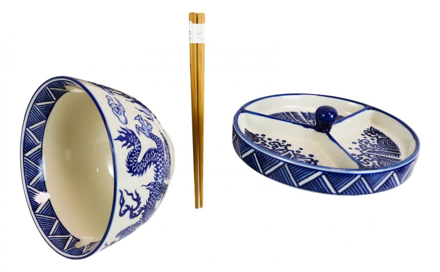 1 Blue White Dragon Ramen Bowl With Tempura Divider Condiment Lid Chopsticks Set EBR02