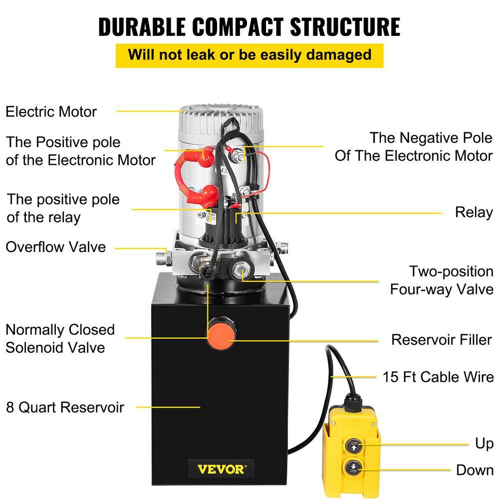 VEVOR 8 qt. 12-Volt Hydraulic Power Unit Pump Hydraulic Dump Trailer Pump DC Single Acting for Stackers Lifting Platforms 8LCZYYBTXDZY00001V0