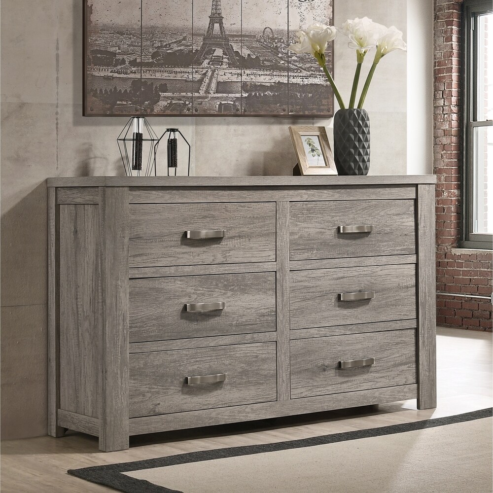 Roundhill Furniture Floren Contemporary Weathered Gray Wood Bedroom Set  Panel Bed  Dresser  Mirror  Nightstand