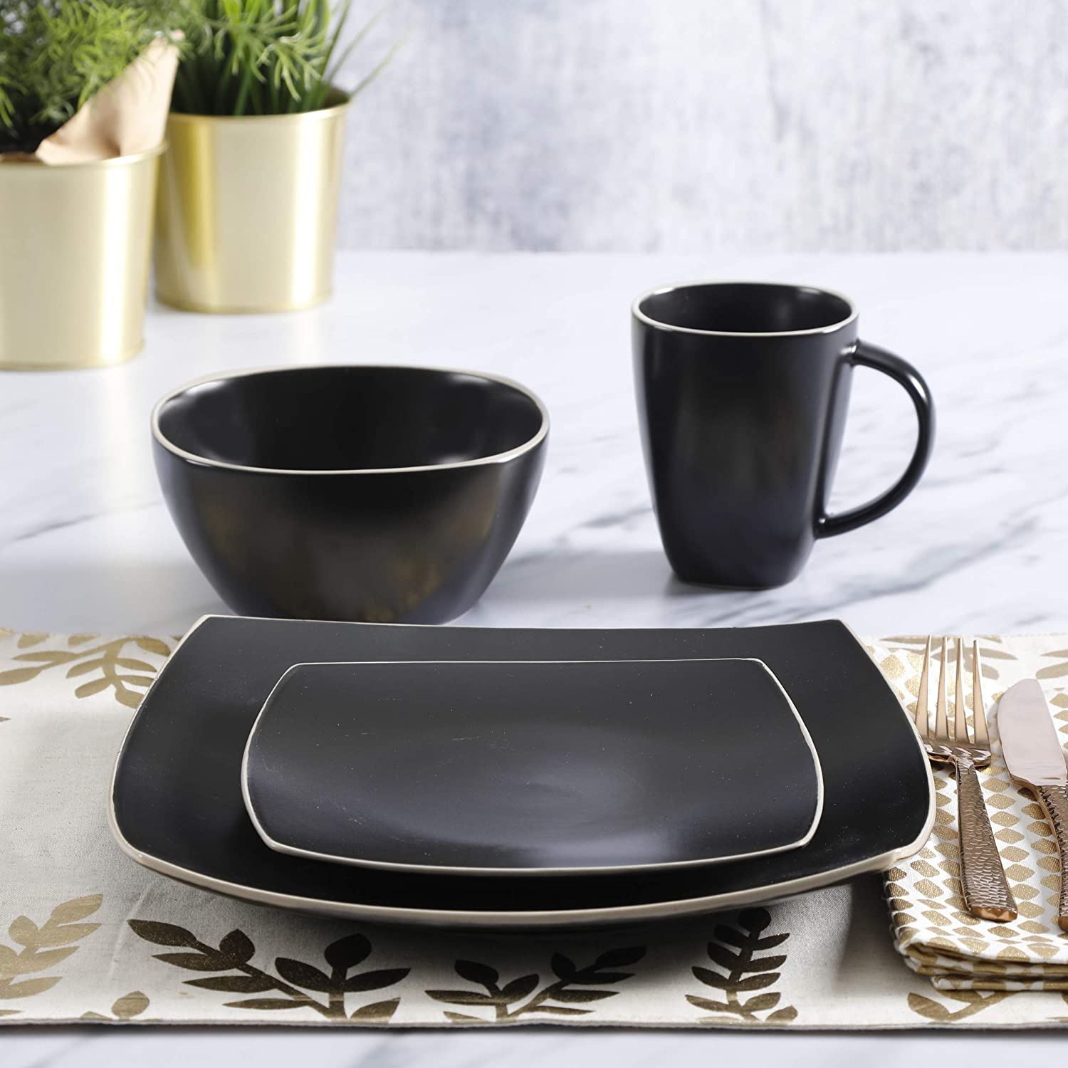 Gibson Home Soho Lounge Square 16 Pieces Dinnerware Set Matte Black  Crowdfused