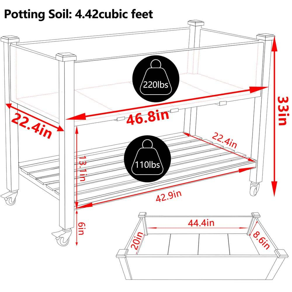 VEIKOUS 47 in. x 23 in. x 33 in. Wooden Raised Garden Bed with Lockable Wheels， Liner PG0102-02