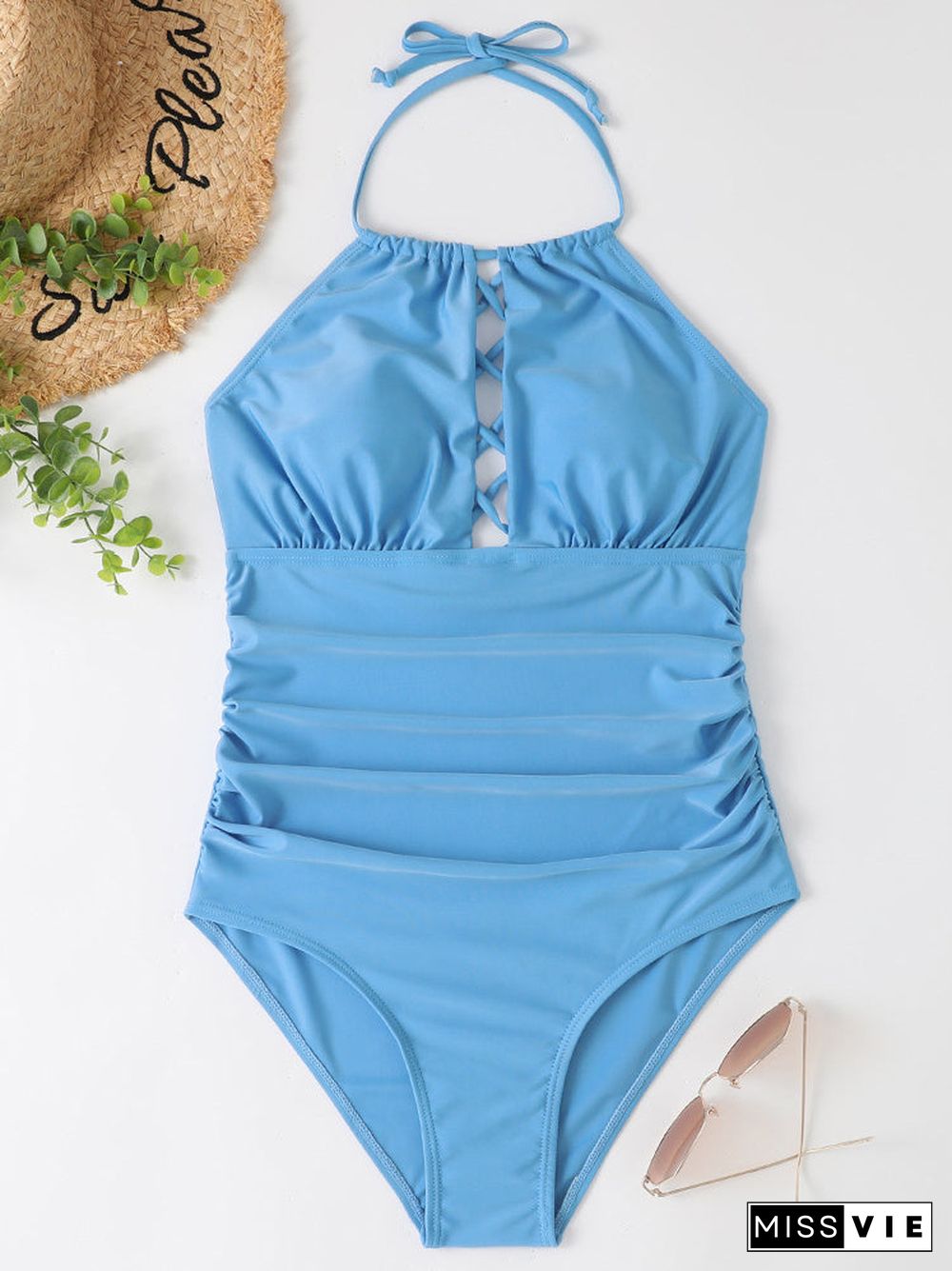 Cross Strap Lace-up Stitching One Piece Swimwear