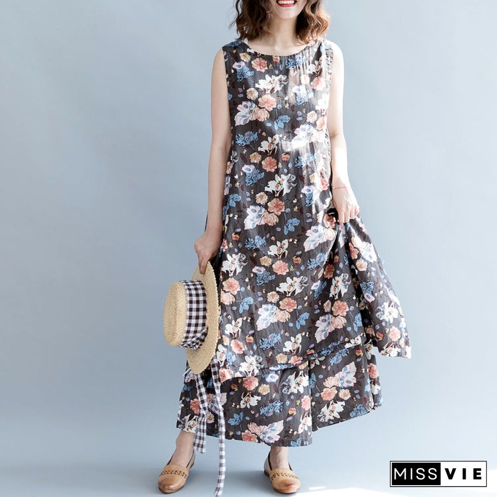 boutique floral Midi-length cotton linen dress oversize traveling dress vintage Sleeveless baggy dresses O neck Cinched cotton dresses