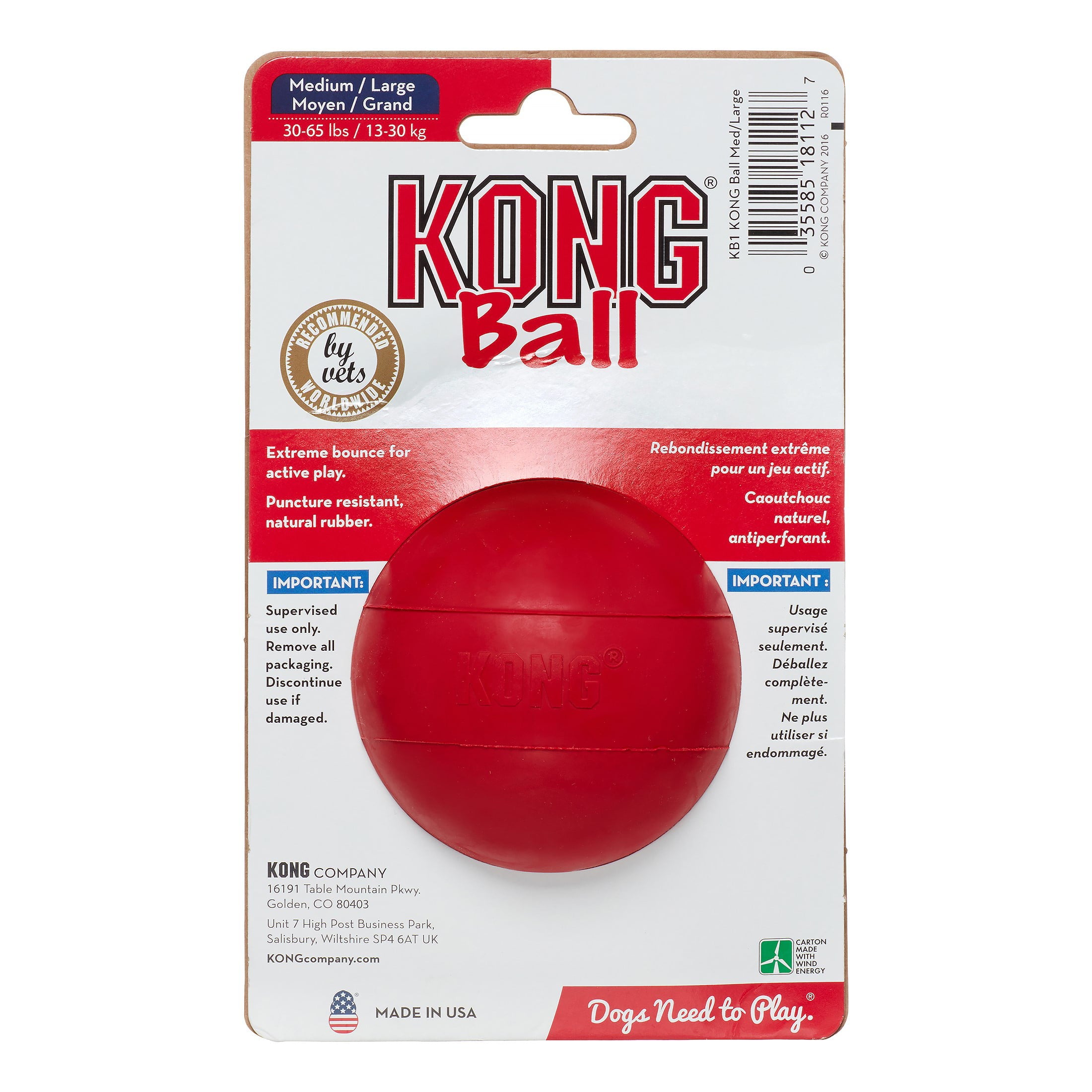 KONG Ball Durable Natural Rubber Dog Toy， Red， Medium/Large