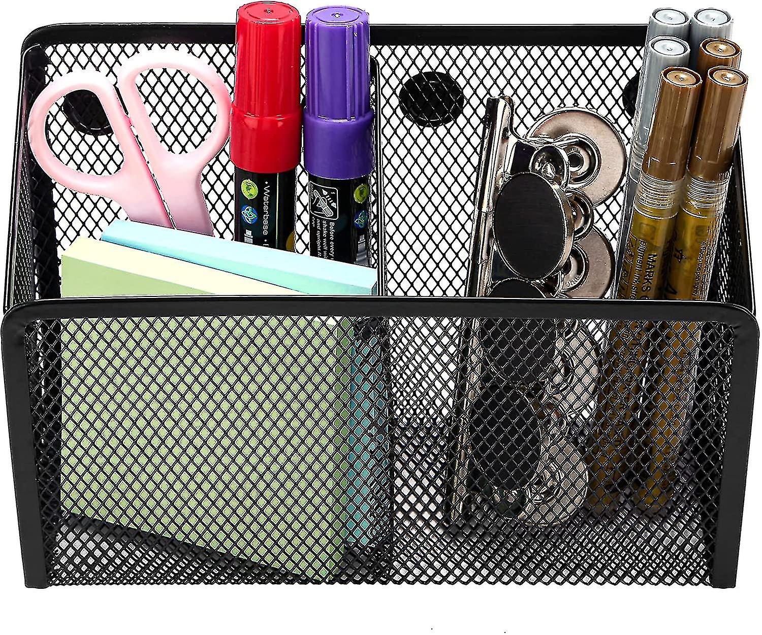 Magnetic Pencil Holder， 2 Compartments Mesh Stainless Steel Pen Basket， Metal Writing Utensil Storage Organizer