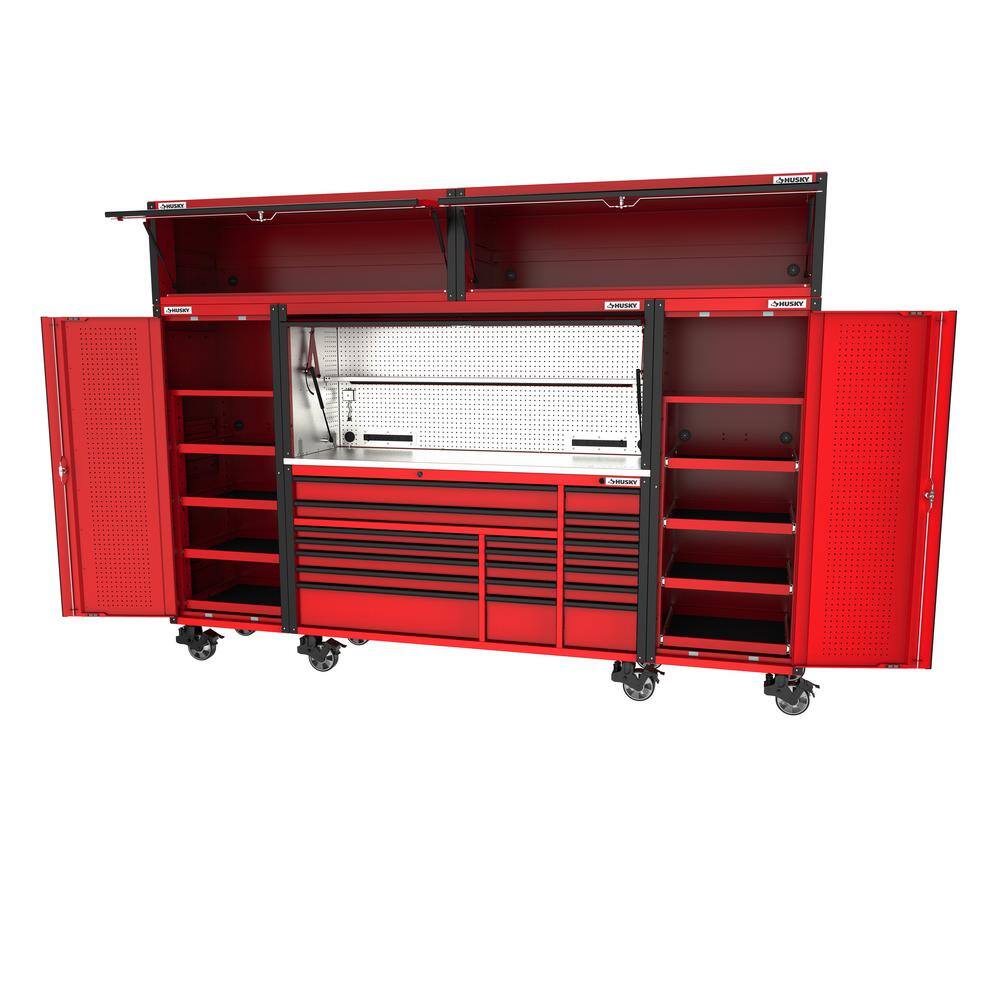 Husky 72 in. W x 24.5 in. D Professional Duty 20-Drawer Mobile Workbench Combo w 2 Side Lockers 2 Top Lockers and Top Hutch HPROSUITE5RED