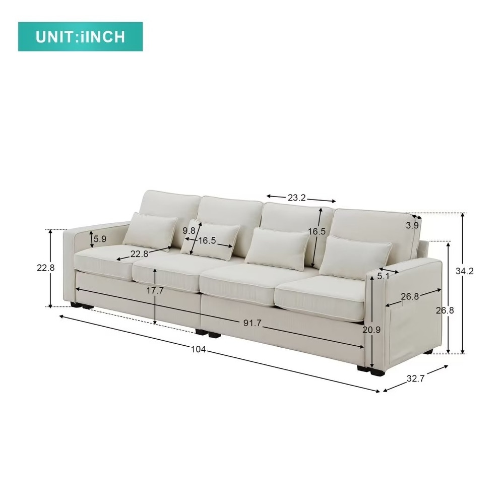 4 Seater Modern Linen Fabric Sofa with Armrest Pockets and 4 Pillows   9'5\