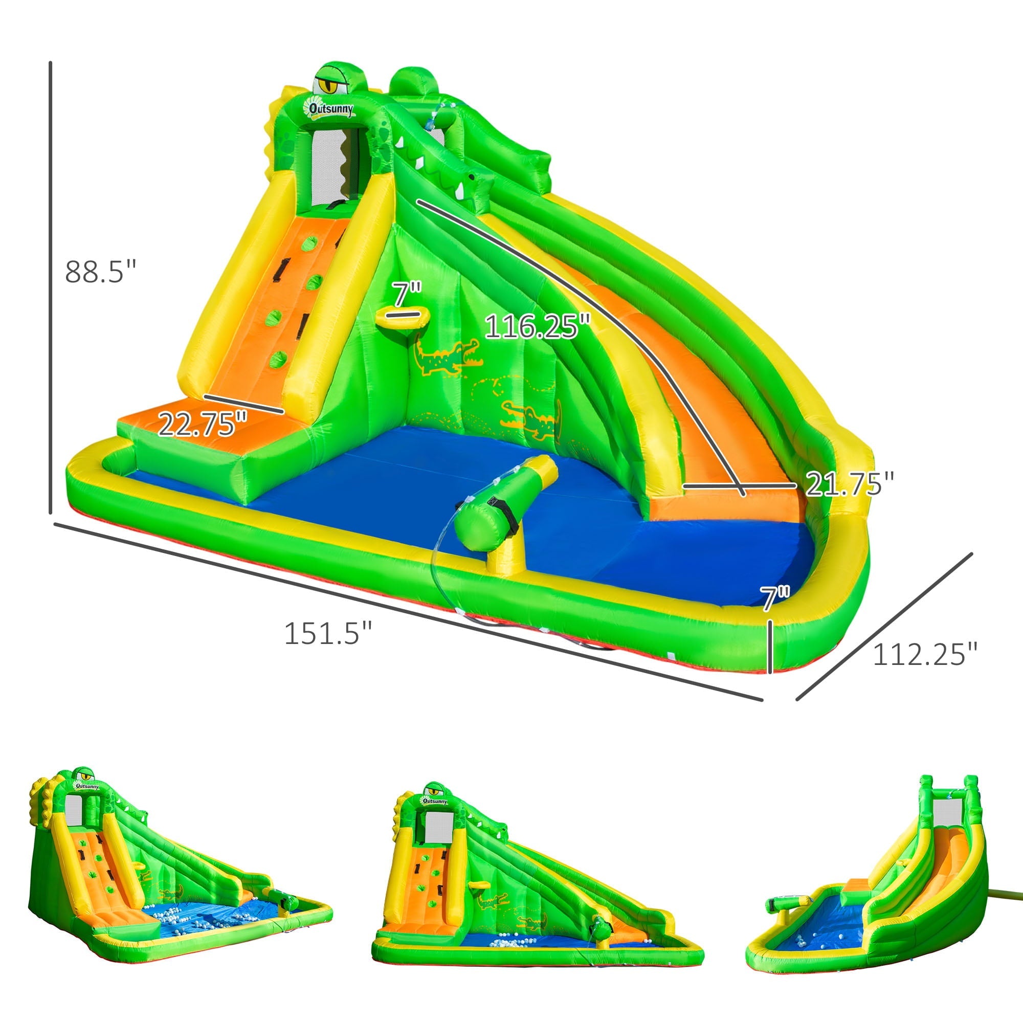 Outsunny 5 in 1 Inflatable Water Slide, Crocodile Style Water Park Bounce House Castle with Slide, Pool, Hoop, Water Cannon, Climbing Wall, Include Air Blower