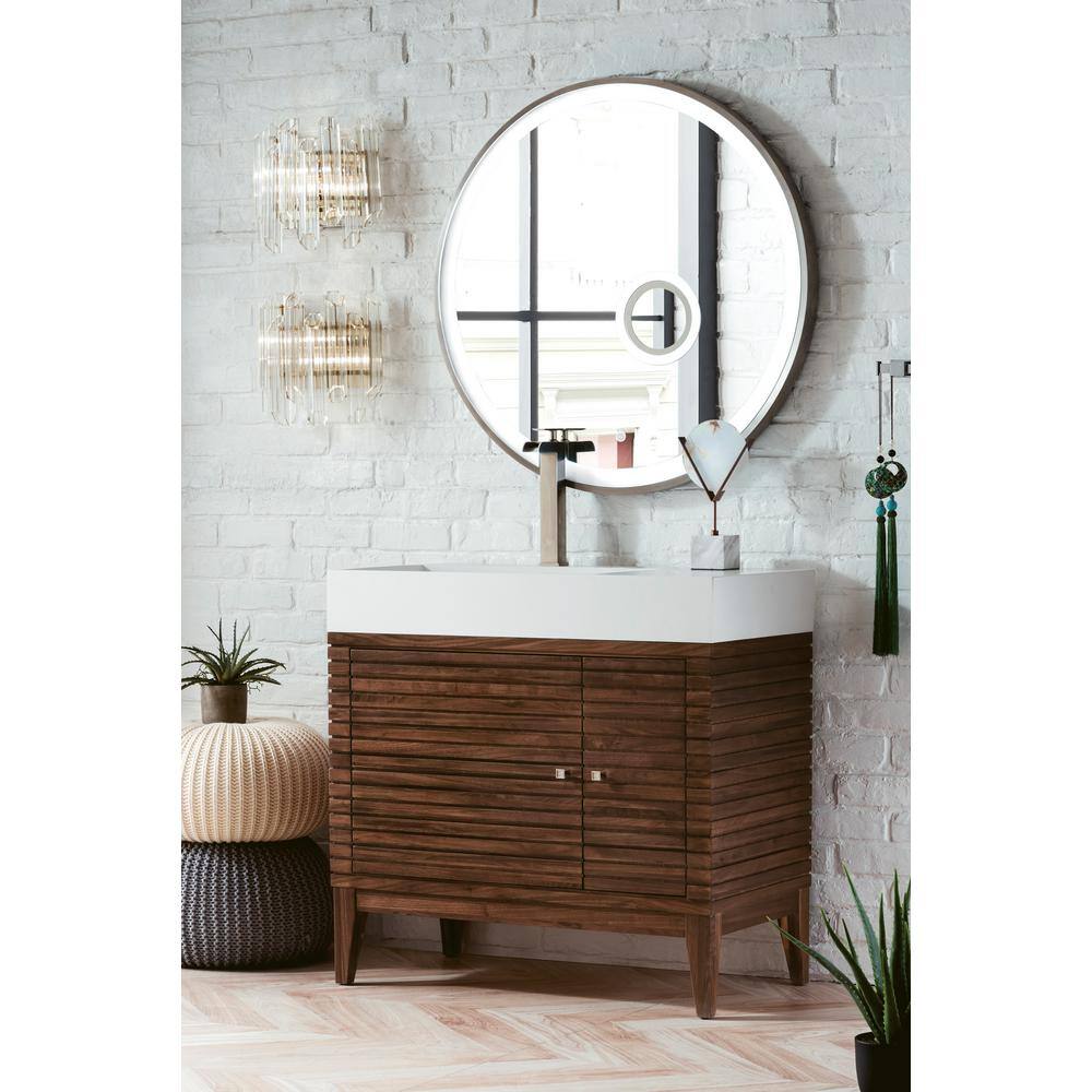 James Martin Vanities Linear 35.5 in. W x 19 in.D x 34.5 in.H Single Bath Vanity in Mid Century Walnut with Solid Surface Top in Glossy White 210-V36-WLT-GW