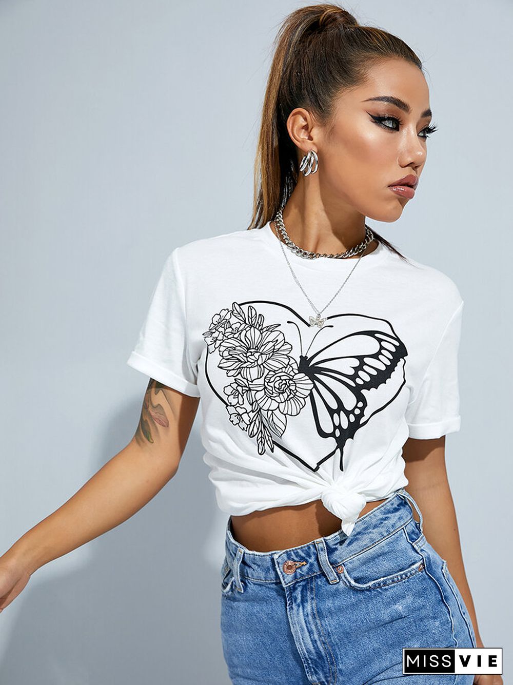 Butterfly Flower Print Crew Neck Short Sleeve T-shirt