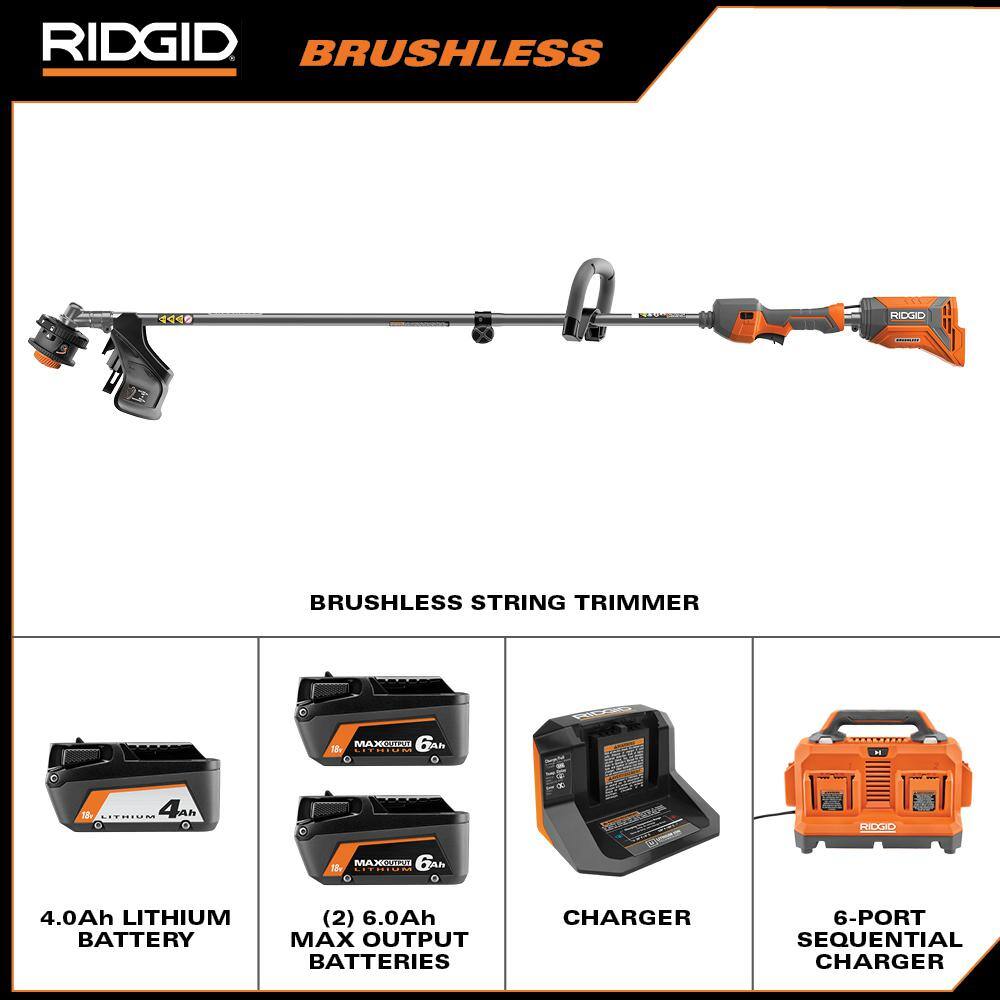 RIDGID 18V Brushless 14 in. String Trimmer Kit with 4.0Ah Battery Charger 6-Port Charger  6.0Ah MAX Output Battery (2-Pack) R01201KVNM-AC86096-AC840060PN