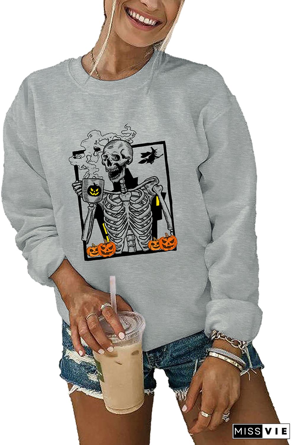 Skeleton and Pumpkin Halloween Crewneck Sweatshirt Wholesale