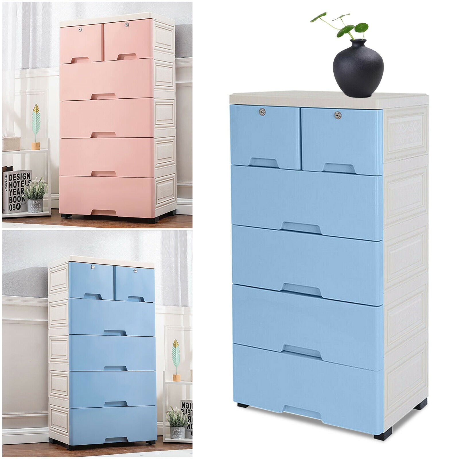 OUKANING 6 Drawer Dresser Finish Storage Cupboard Furniture Clothes Closet Cabinet with 4 Wheels