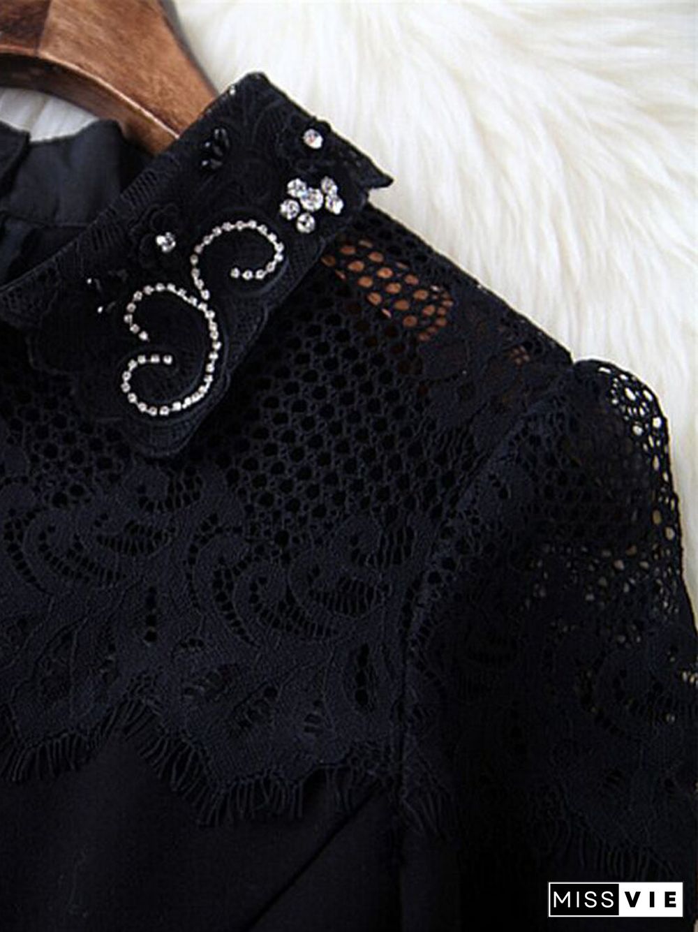 Elegant Lace Patchwork Black Slim Long Sleeve Zipper A-line Dress