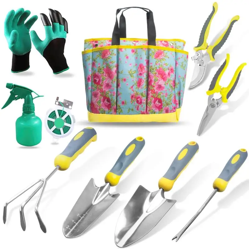 Heavy Duty 10 Pcs Aluminum Garden Hand Tools Set with Floral Bag for Gardening