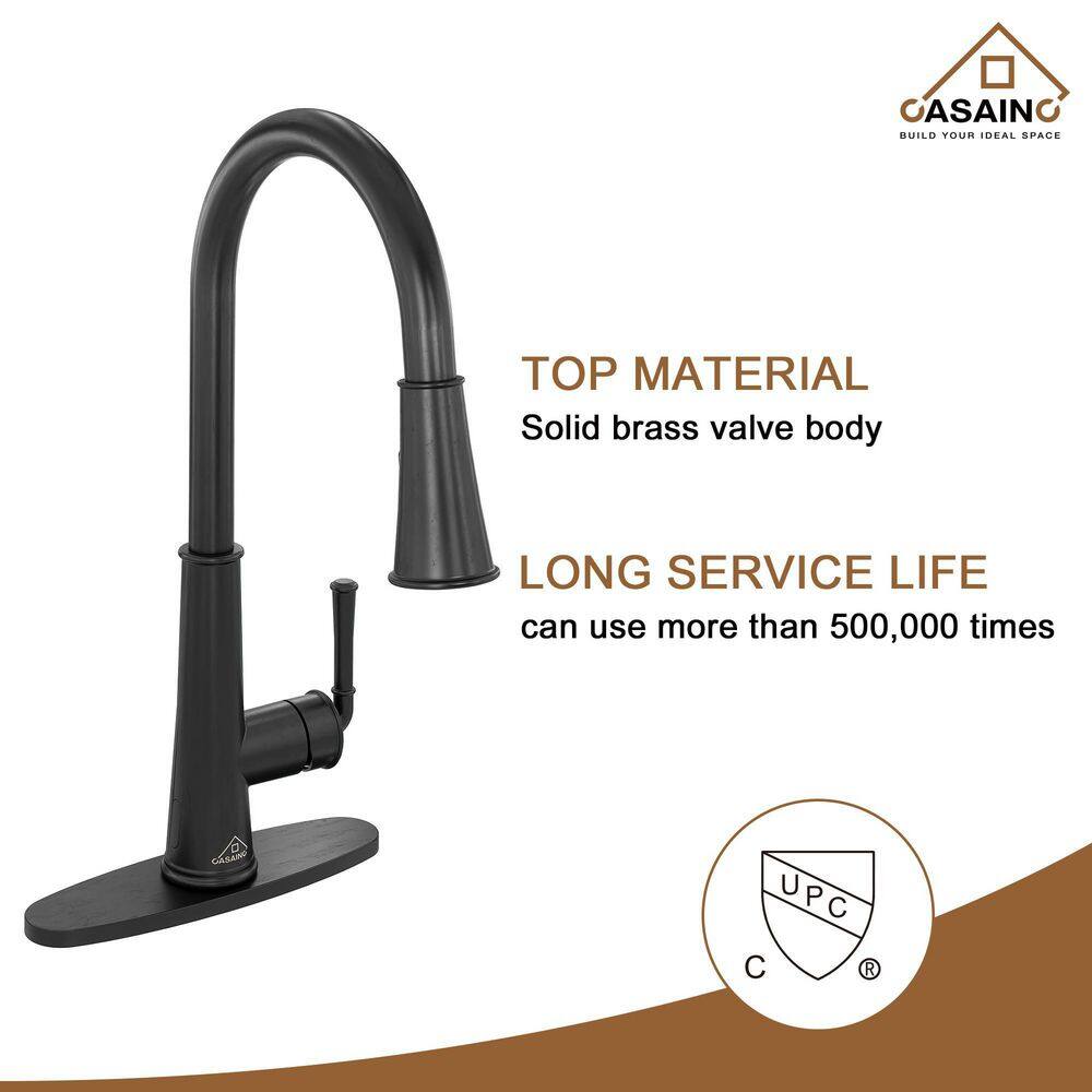 CASAINC Single-Handle Pull Down Sprayer Kitchen Faucet with Touchless Sensor LED Soap Dispenser and Deckplate in Matte Black CA-W3085-MB