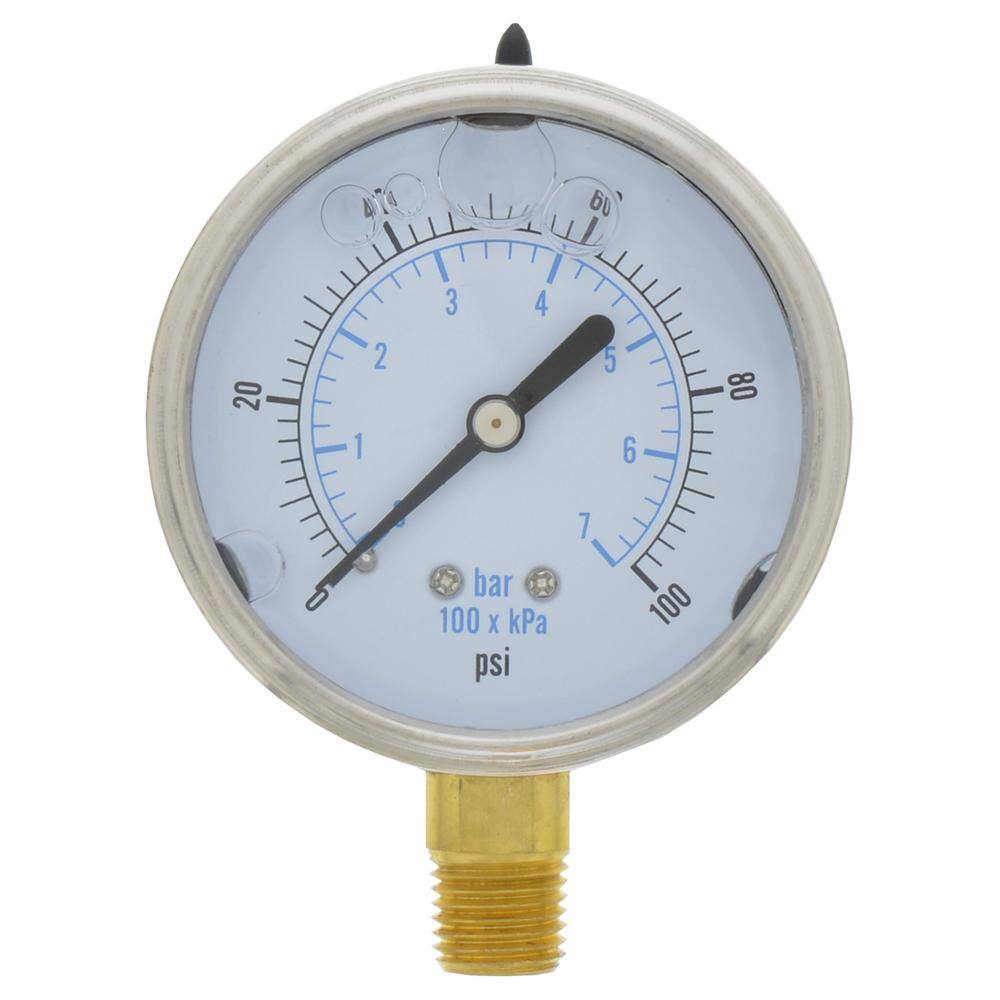 JONES STEPHENS 100 psi Liquid Filled Pressure Gauge with 2-12 in. Face and 14 in. NPT Connection J40555