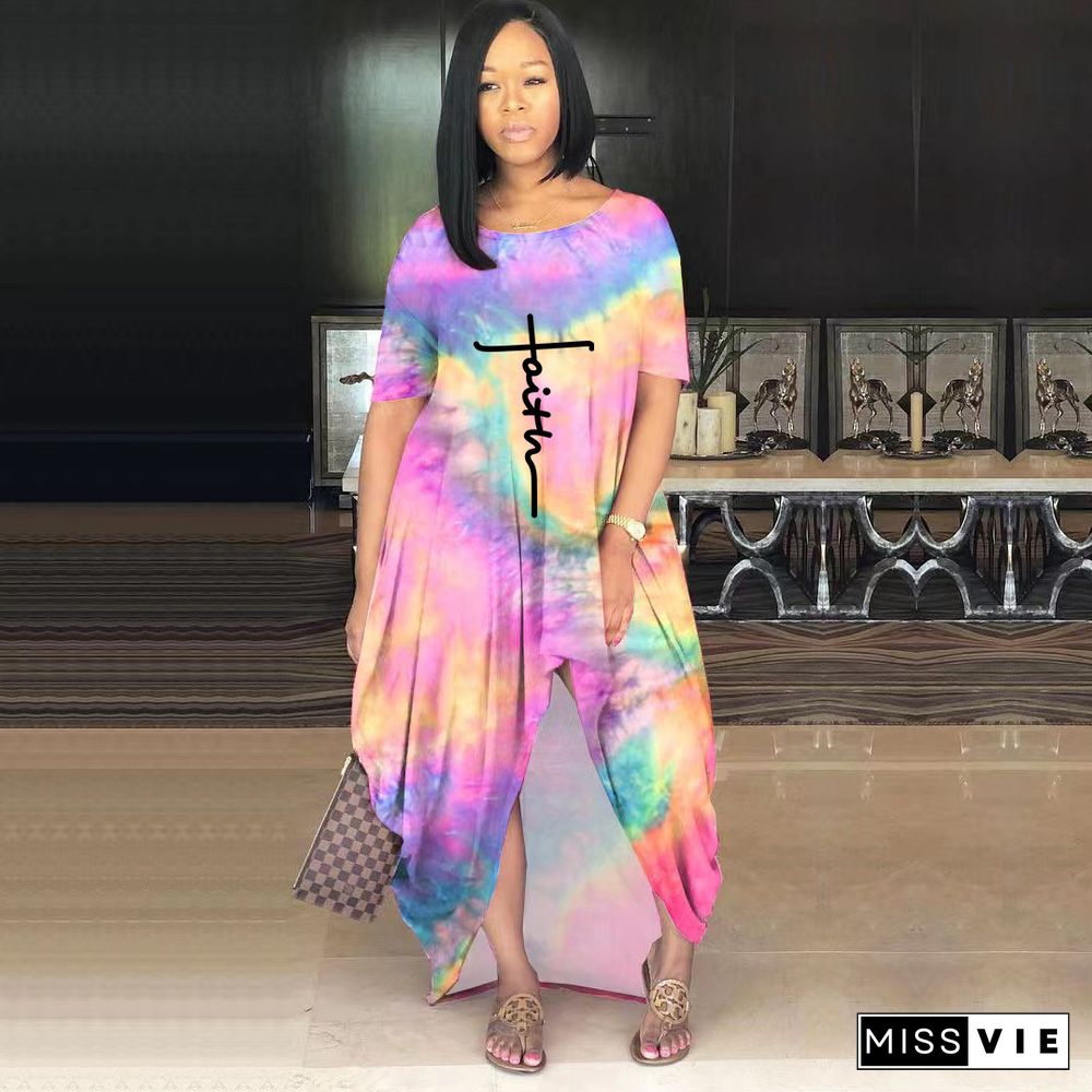 Tie Dye Print Short Sleeve Loose irregular Maxi Dress