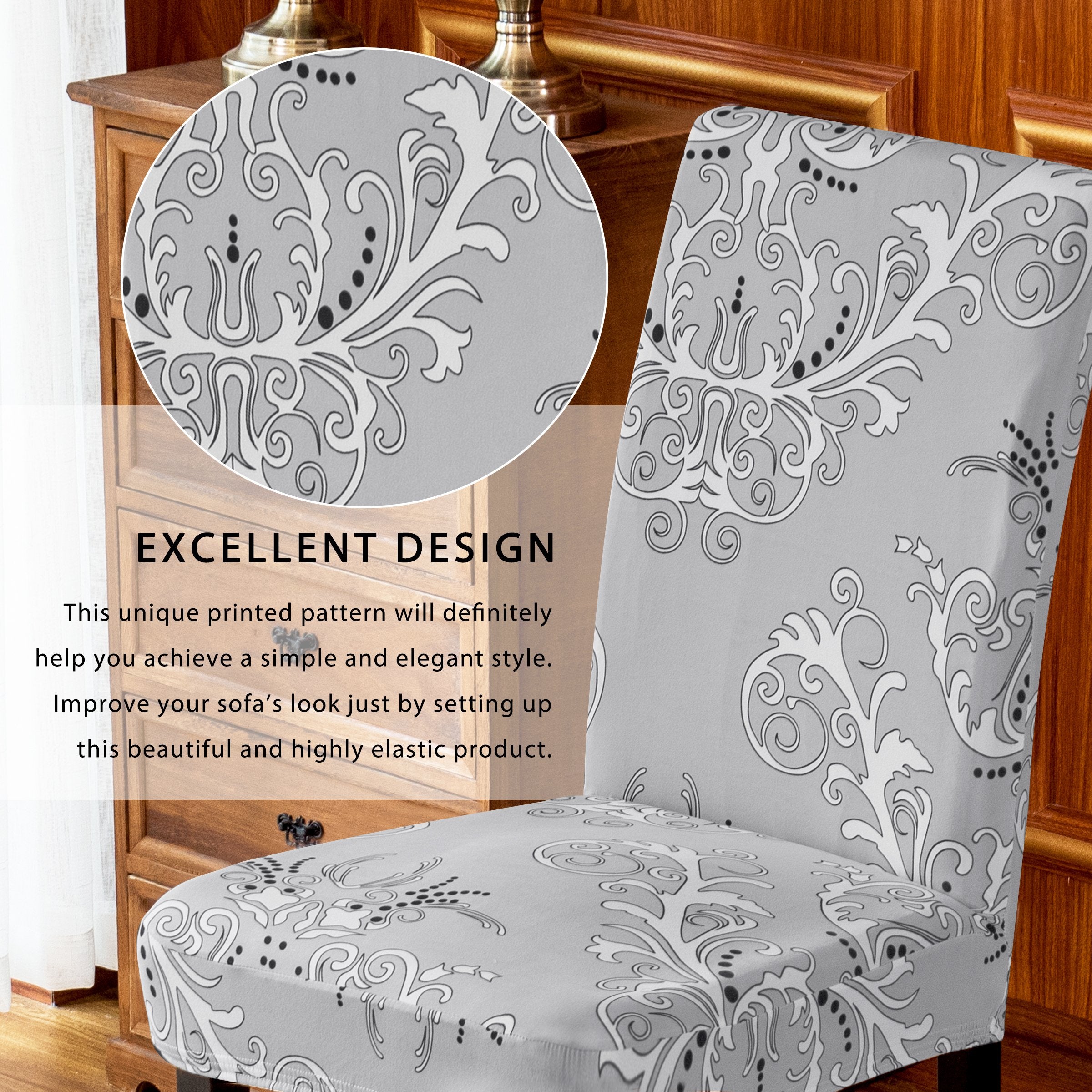 Subrtex Stretch Dining Chair Covers with Elastic Bottom, Printed Floral Stylish Furniture Protector (Set of 4, Gray)