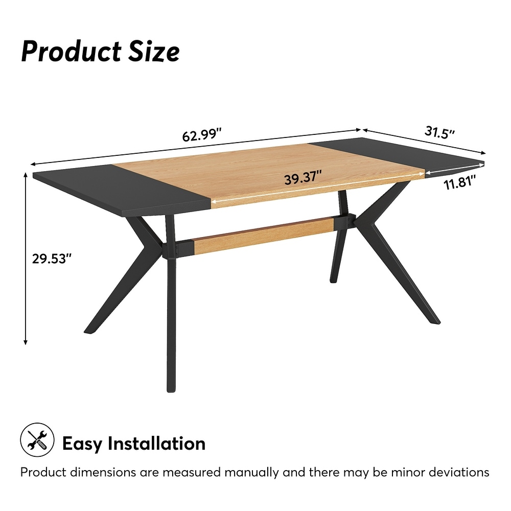 Modern 63 Inch Dining Table for 4 6 People  Rectangular Kitchen Table for Dining Room  Living Room   Natural Oak + Black