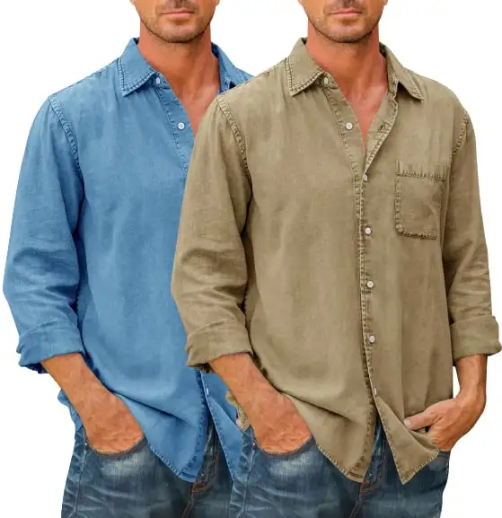 🔥Mens Denim Long Sleeve Button Down Shirt