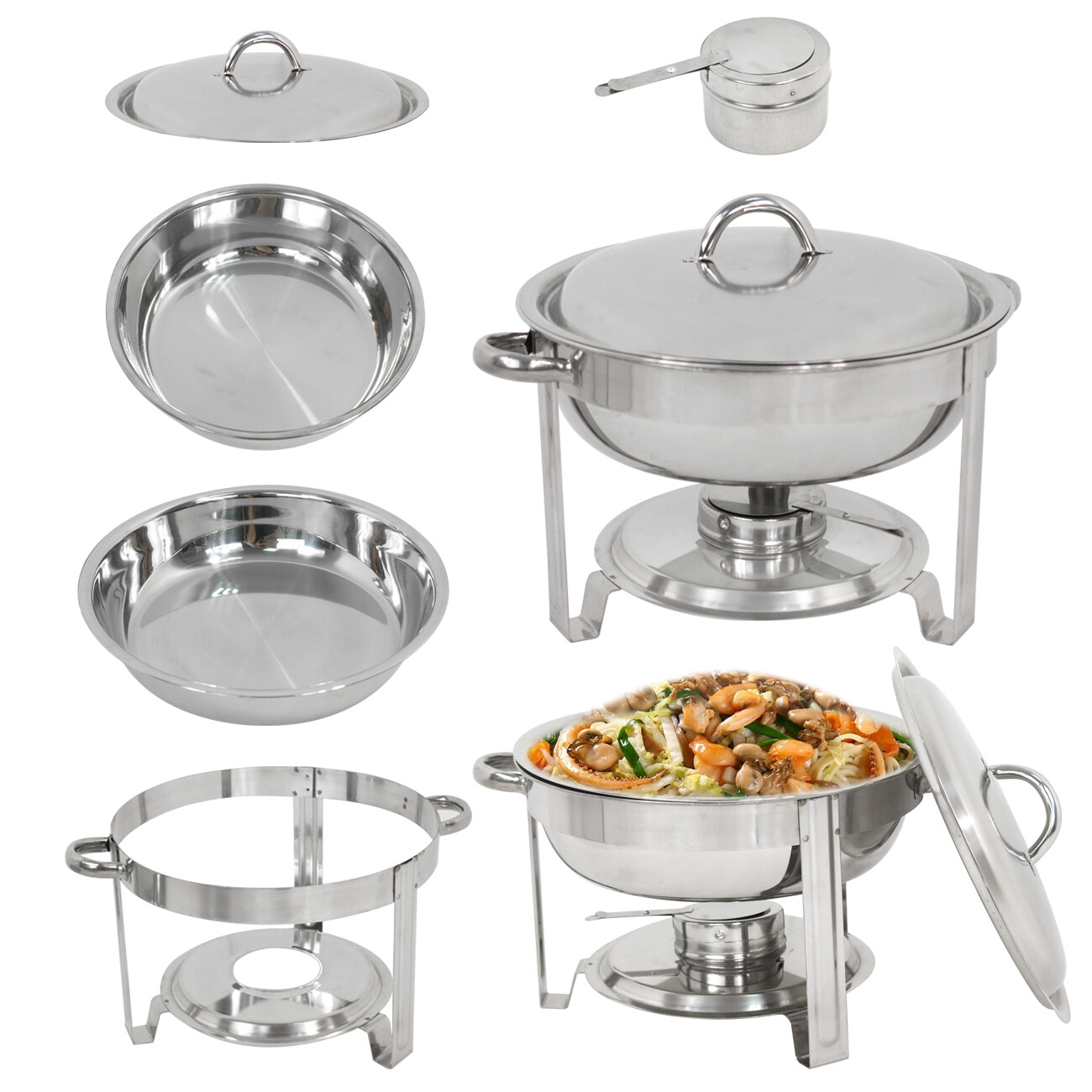 SuperDeal Glossy Round Chafing Dish 5Qt. Buffet Stove 1 Set Hotel Catering Alcohol Furnace