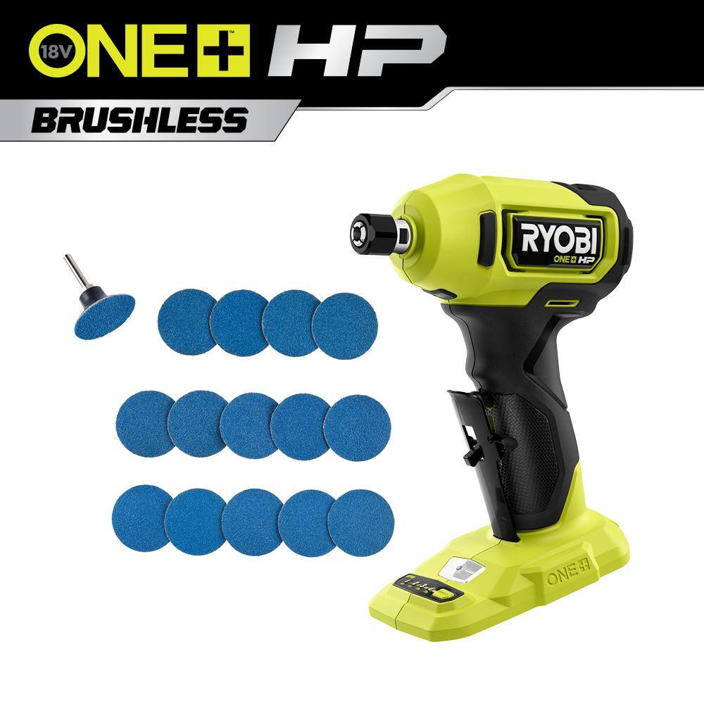 RYOBI ONE+ HP 18V Brushless Cordless Compact 14 in. Right Angle Die Grinder (Tool Only) w 2 in. Sanding Disc Set (16-Piece) PSBDG01B-A911601