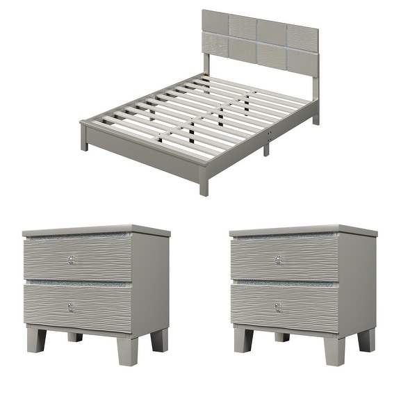 3 Pieces Champagne Silver Bedroom Sets， 1 Queen Bed + 2 Nightstands， Luxury Modern Bed Nightstand Sets - - 37928386