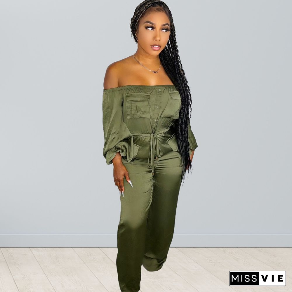 Off Shoulder Long Sleeve High Waist Straight Jumpsuit