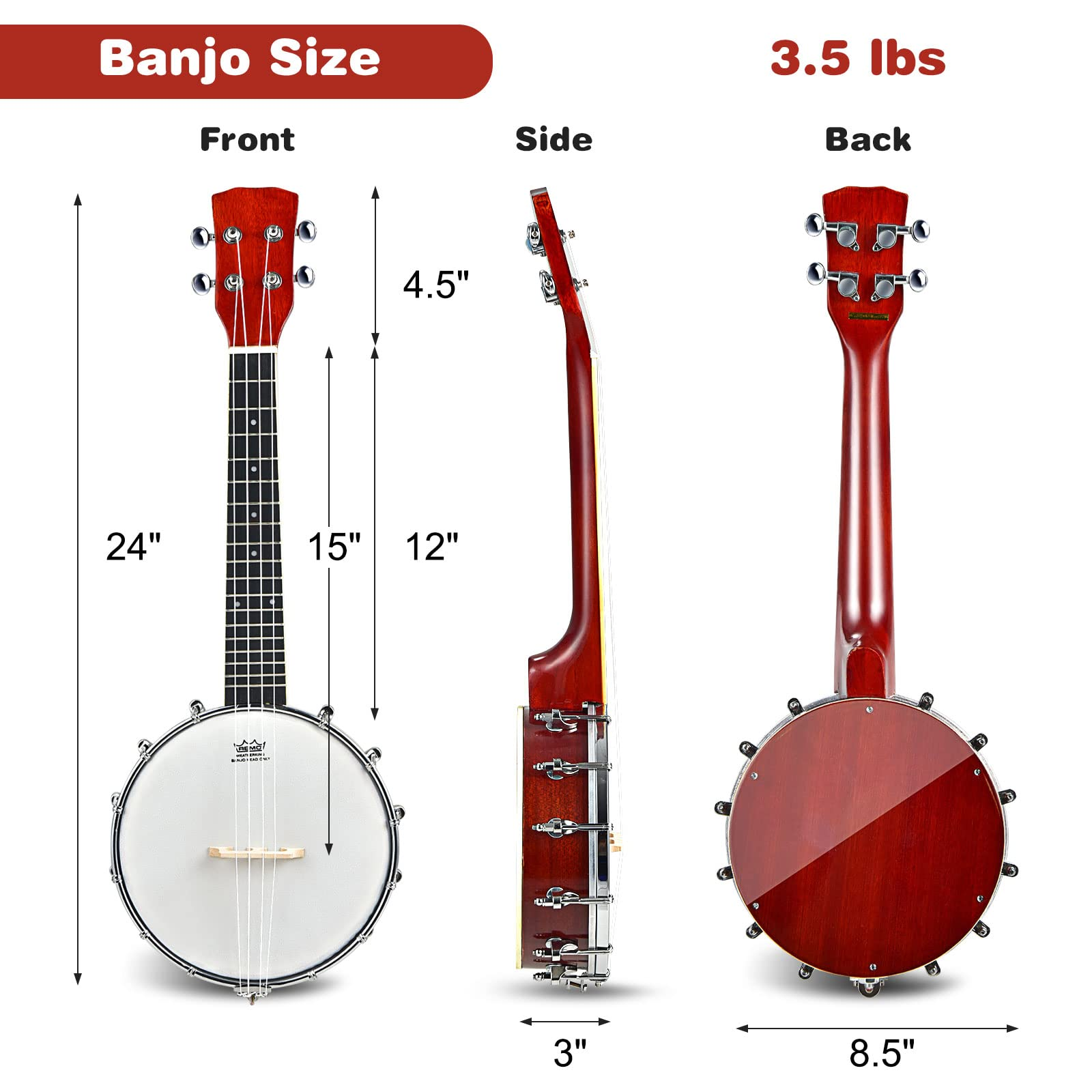 Costzon 4-String Banjo, Concert 24 Inch Closed Solid Back Banjo Ukulele w/Gig Bag