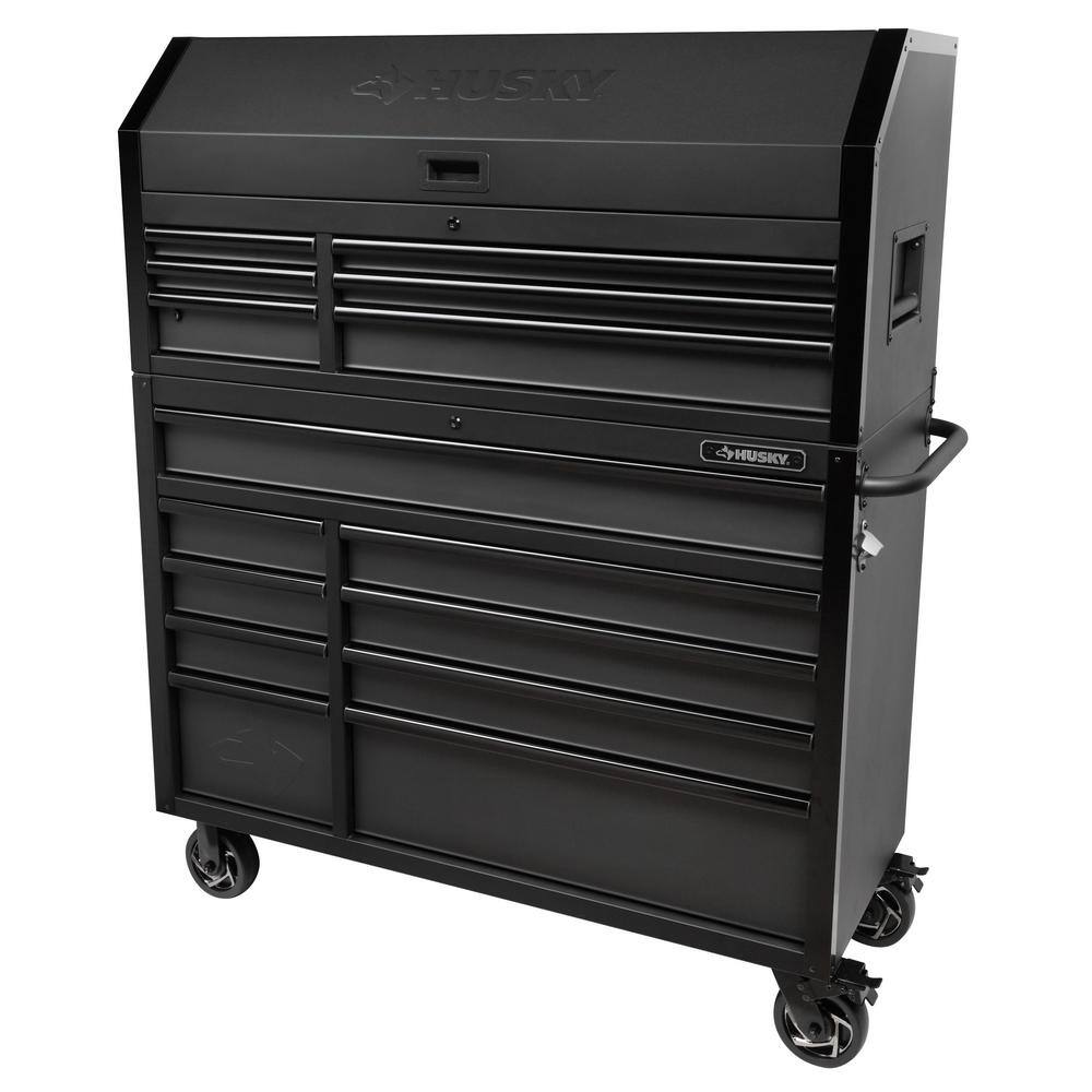 Husky 52 in. W x 21.5 in. D Heavy Duty 15-Drawer Combination Rolling Tool Chest Top Tool Cabinet with LED Light in Matte Black H52CH6TR9HDV3