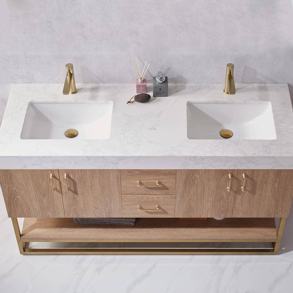 ROSWELL Alistair 60 in Bath Vanity in North American Oak with Grain Stone Top in White with White Basin