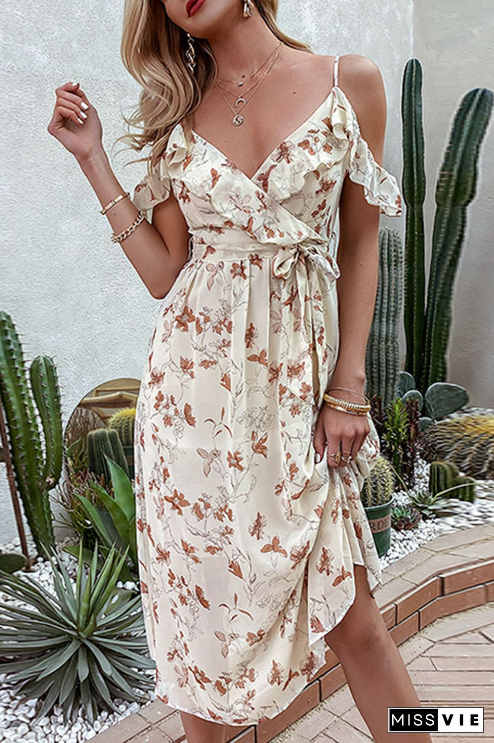 Fashion Bohemian Print Split Joint V Neck A Line Dresses