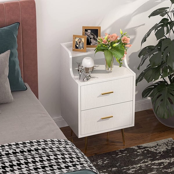 2 Drawer Nightstand Modern Bedside Table with Golden Metal Legs