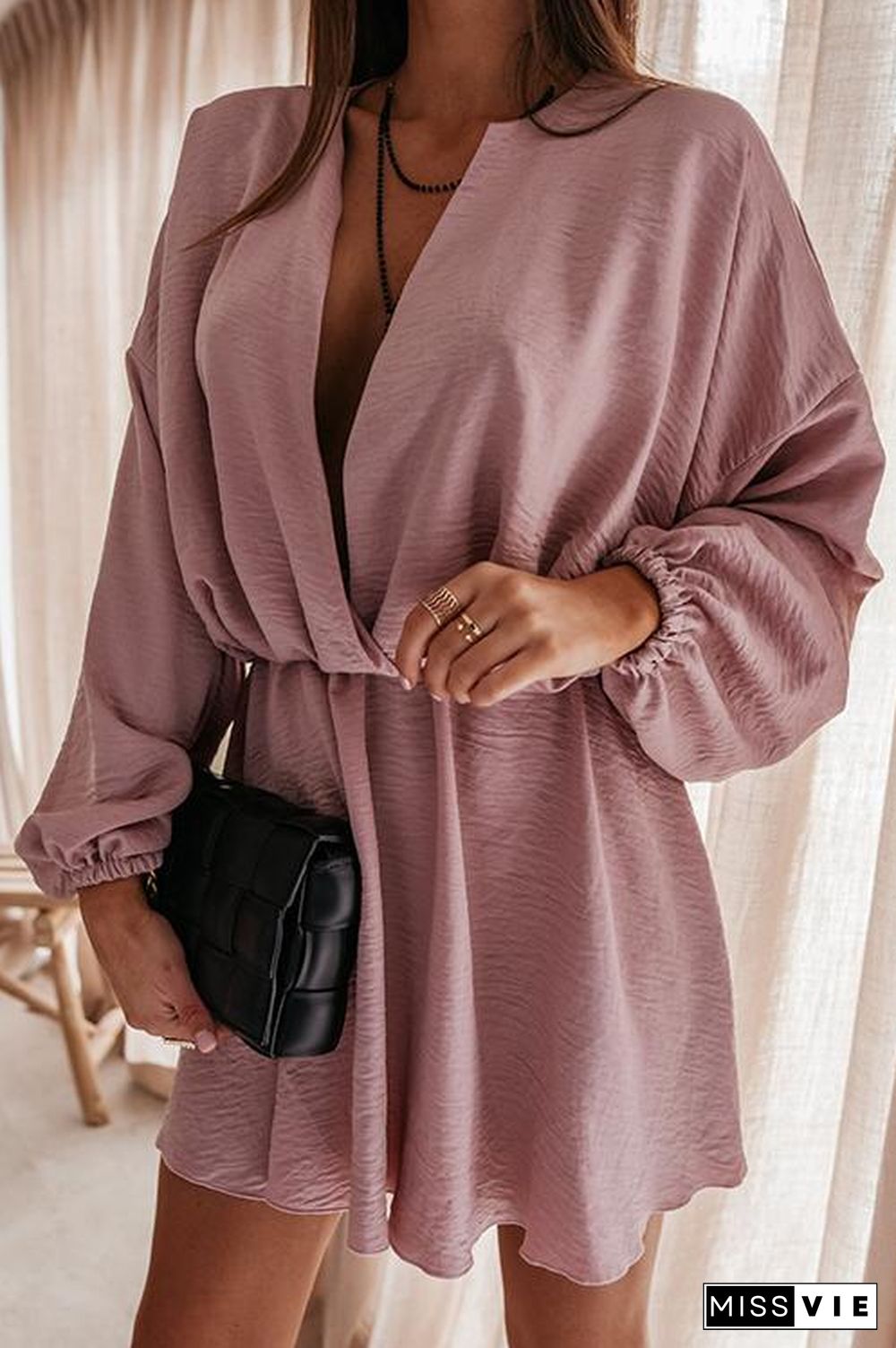 V Neck Loose Long Sleeve Mini Dress