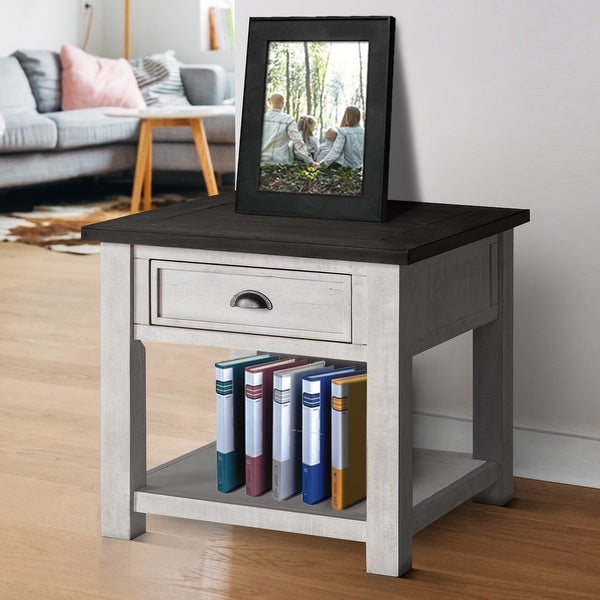 Coastal Style Square Wooden End Table with 1 Drawer， White and Gray