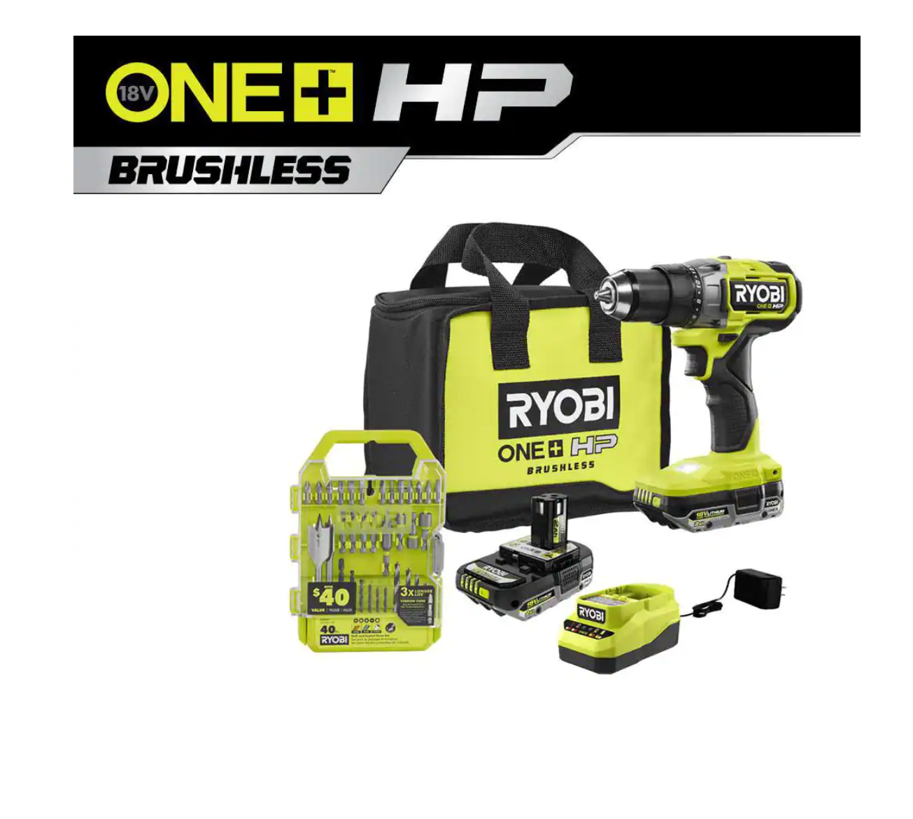 RYOBI PBLDD01K-A98401 ONE+ HP 18V Brushless Cordless 1/2 in. Drill/Driver Kit w/(2) Batteries， Charger， Bag， and Drill/Drive Kit (40-Piece)