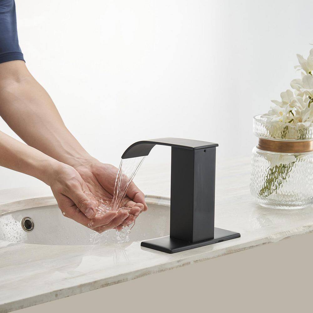 BWE Waterfall Automatic Sensor Touchless Bathroom Sink Faucet With Pop Up Drain With Overflow  Deck Plate In Matte Black A-918139-B