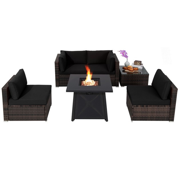 Propane Fire Pit Table Outdoor Pe Wicker Conversation Set W Cushions amp tempered Glass Coffee Table