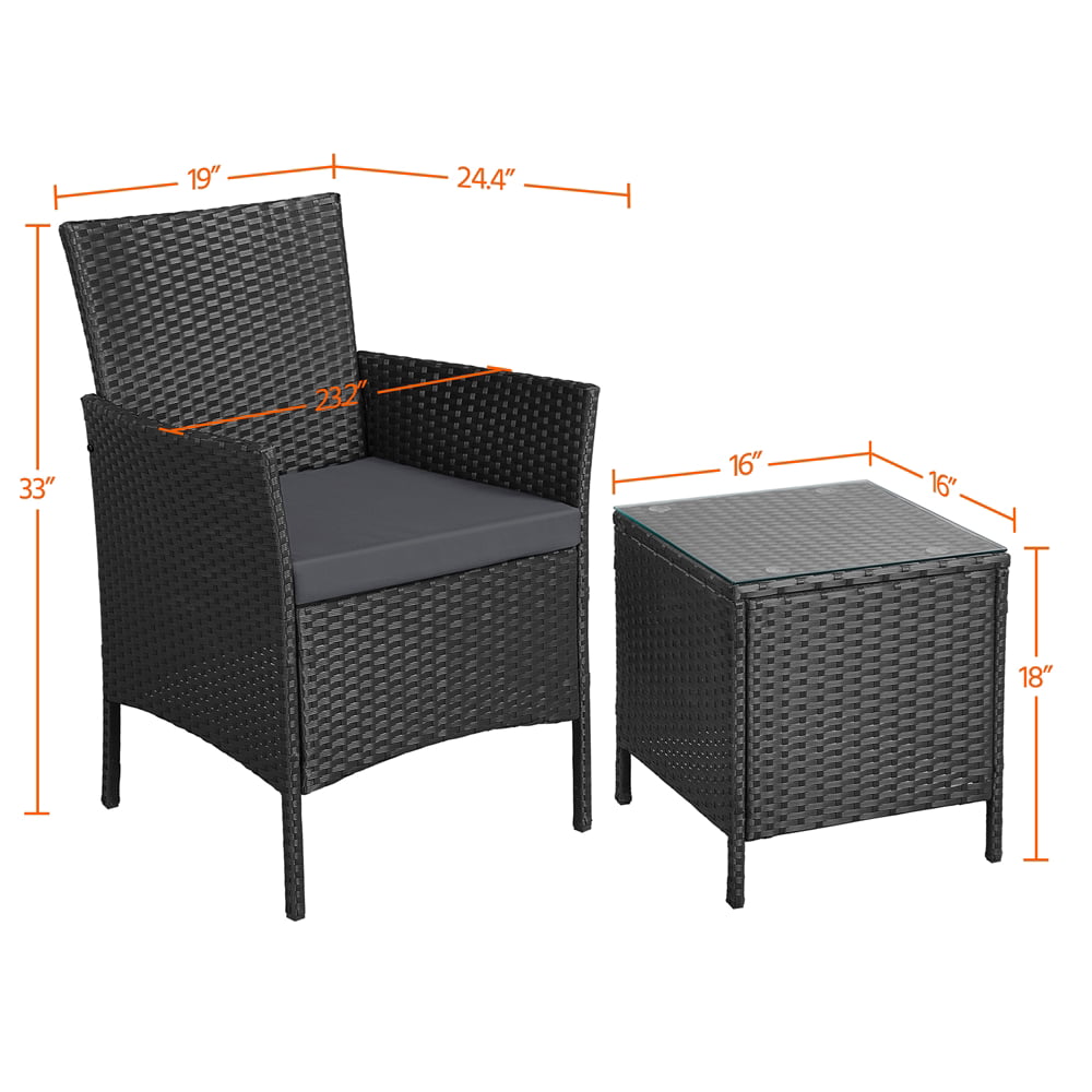 Topeakmart Set of 3 Rattan Chairs & Table Bistro Patio Porch Outdoor Garden Furniture Set Black/Grey