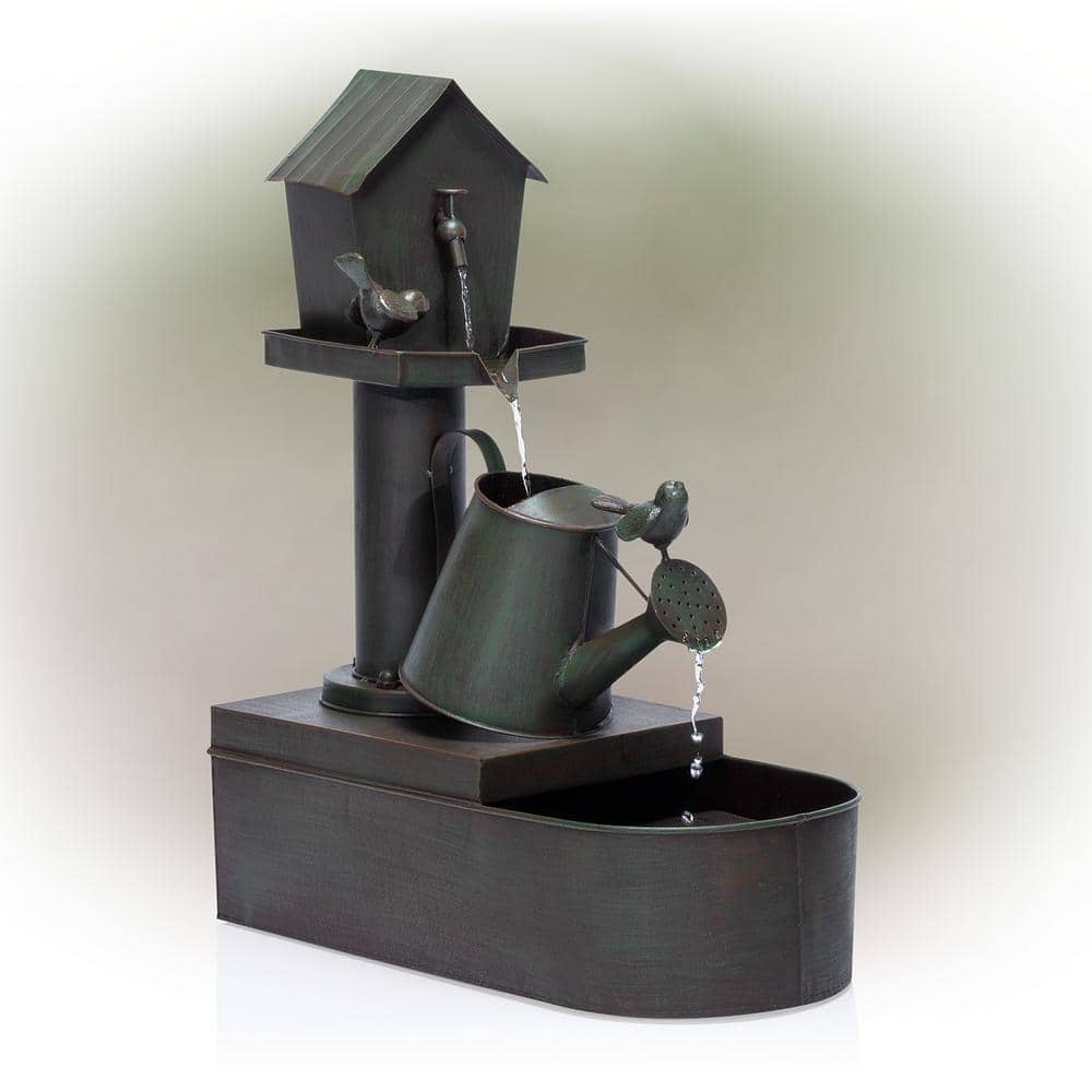 Alpine Corporation 24 in. Tall Indoor/Outdoor Birdhouse and Watering Can Floor Water Fountain MAZ260