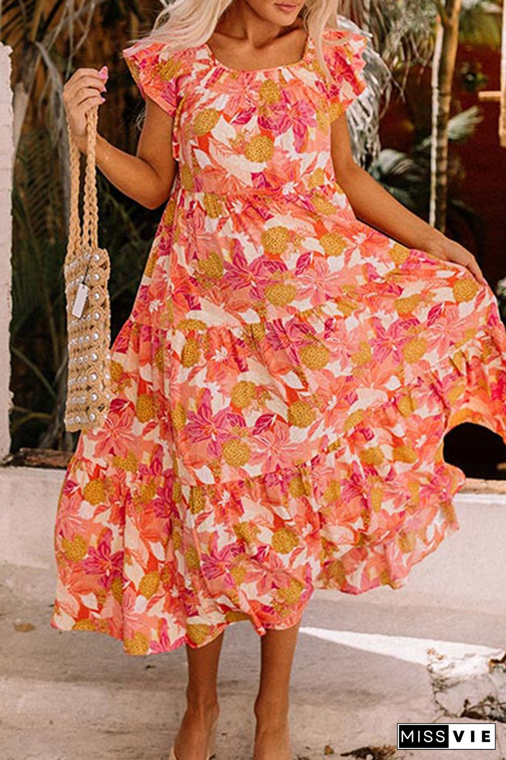 Multicolor Floral Print Ruffle Sleeve Tiered Long Dress