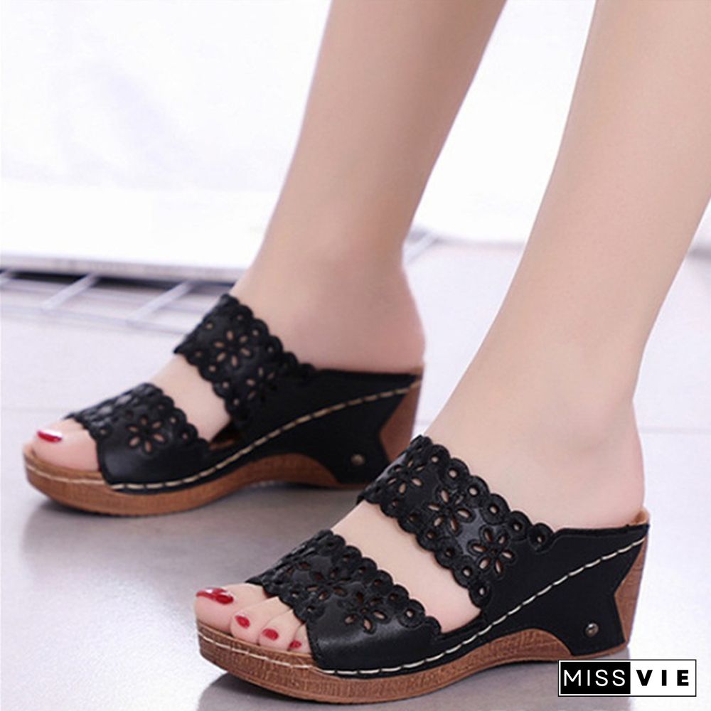 Women's Summer Fashion Retro Slippers Flower Shoes Wedges Platform Flip Flops Beach Shoes Ladies Slides Party Sandals Plus Size 35-43